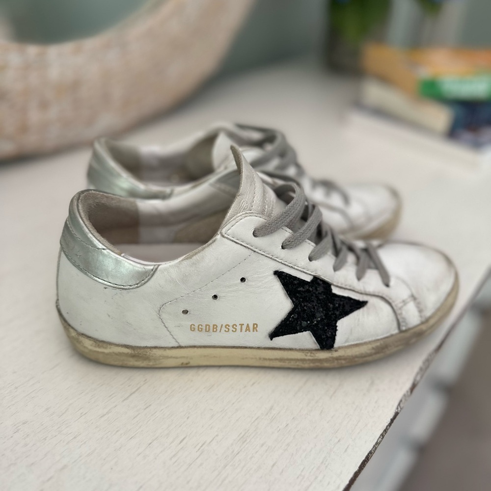 Golden Goose White and Silver Sneakers with Black Star